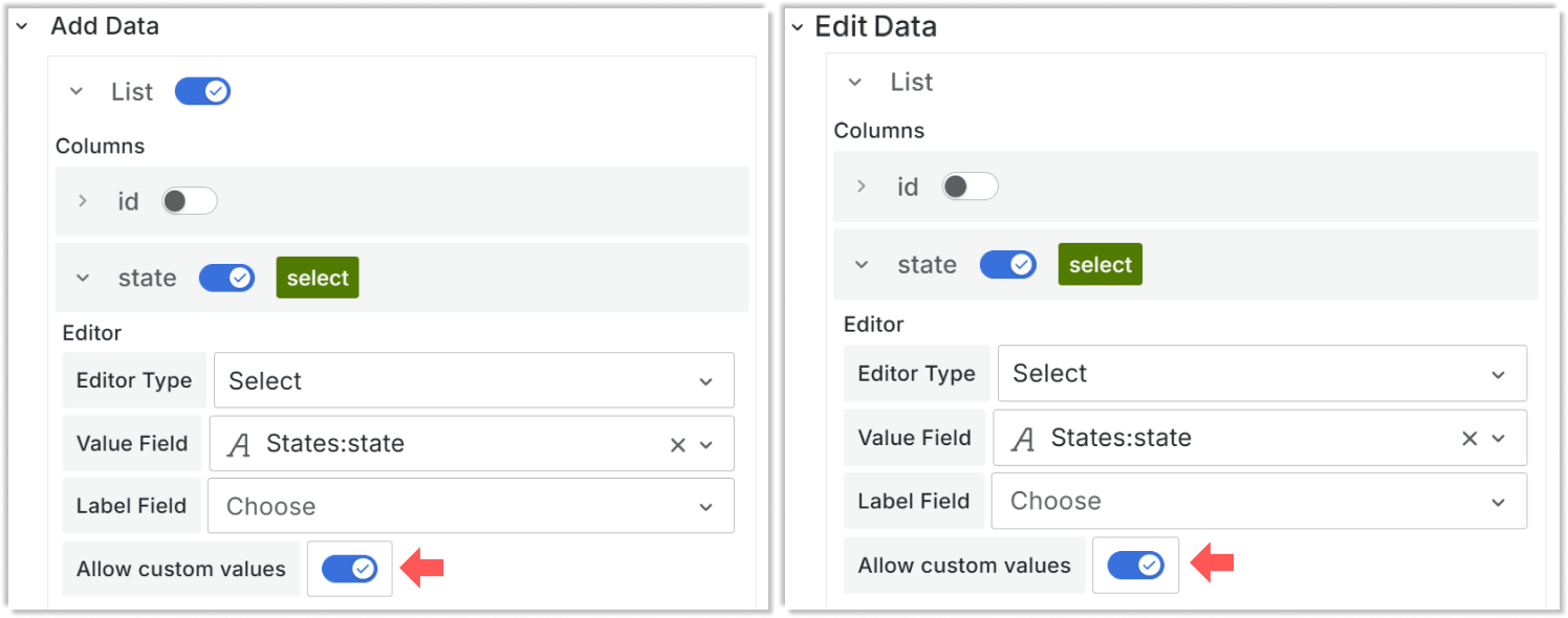 Allow custom values parameter in the Add data and Edit data for the select type column.