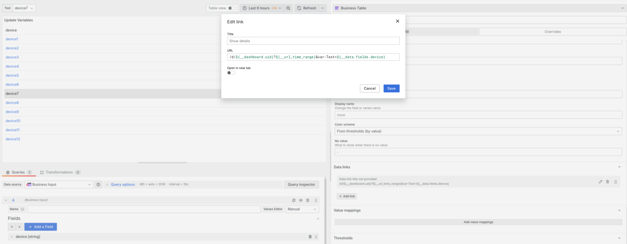 Configure the Data Links option to update dashboard variable.