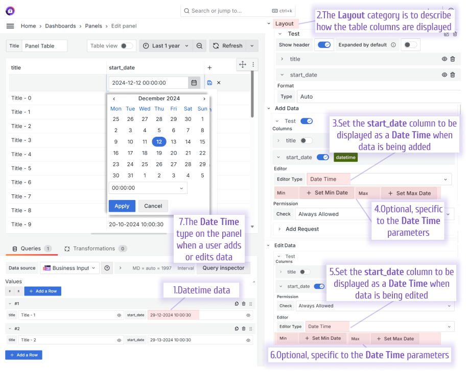 An example of the Date Time Editor type in the Business Table panel.