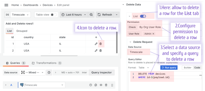 Steps to configure the Delete a row functionality on the Business Table panel.