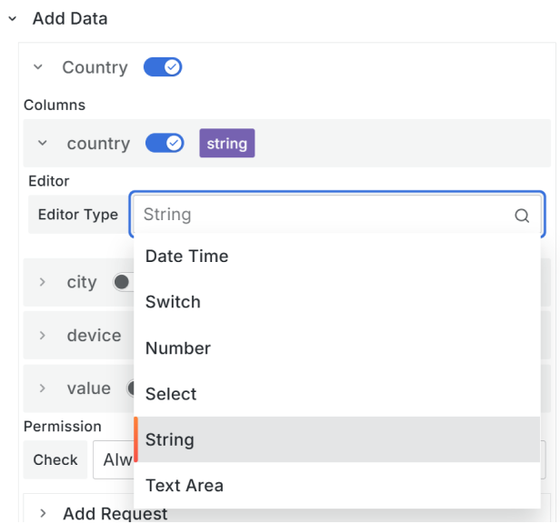 Types of the addible/editable columns.