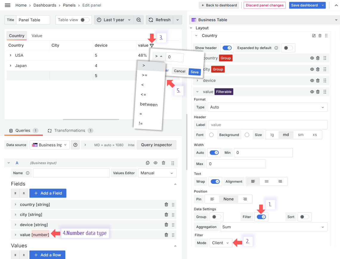 The Client filtering feature of the Business Table panel for the Number data type.