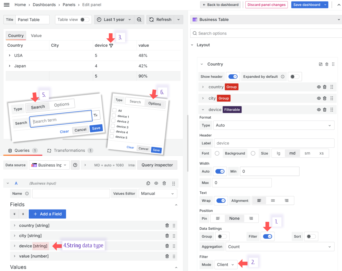 The Client filtering feature of the Business Table panel for the String data type.