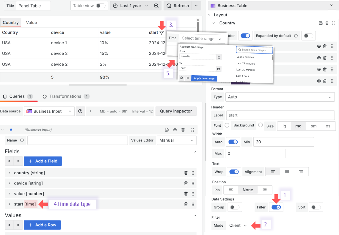 The Client filtering feature of the Business Table panel for the Time data type.