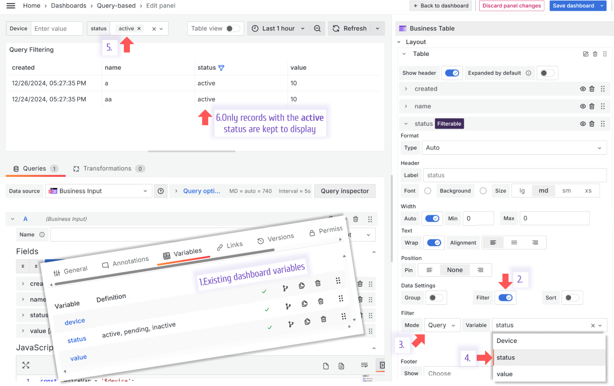 The Query filtering feature of the Business Table panel.