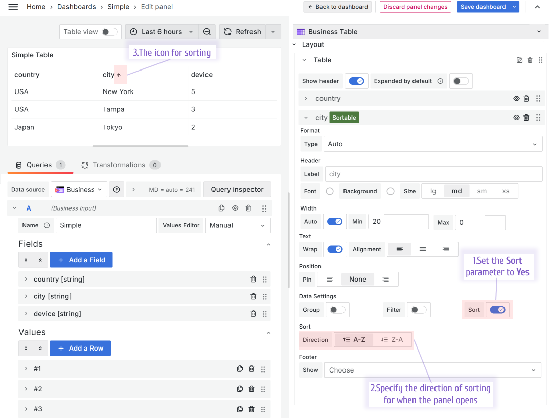 The Business Table panel supports the Sorting feature.