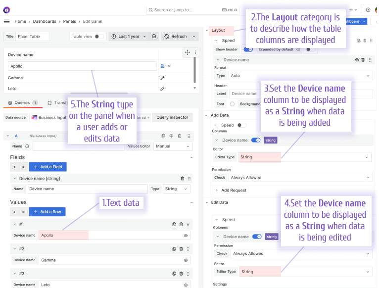 An example of the String Editor type in the Business Table panel.