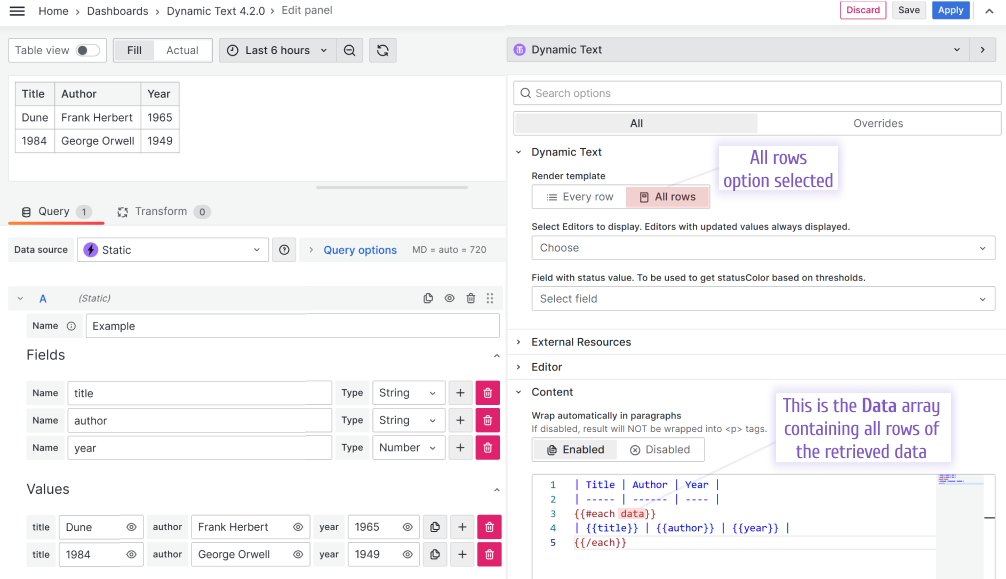 All rows option example. Visualize returned data as a table using #each helper.