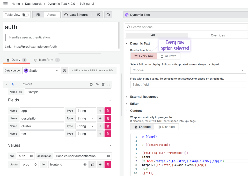 Every row option example. Display fetched data using Handlebars, Markdown, and HTML.