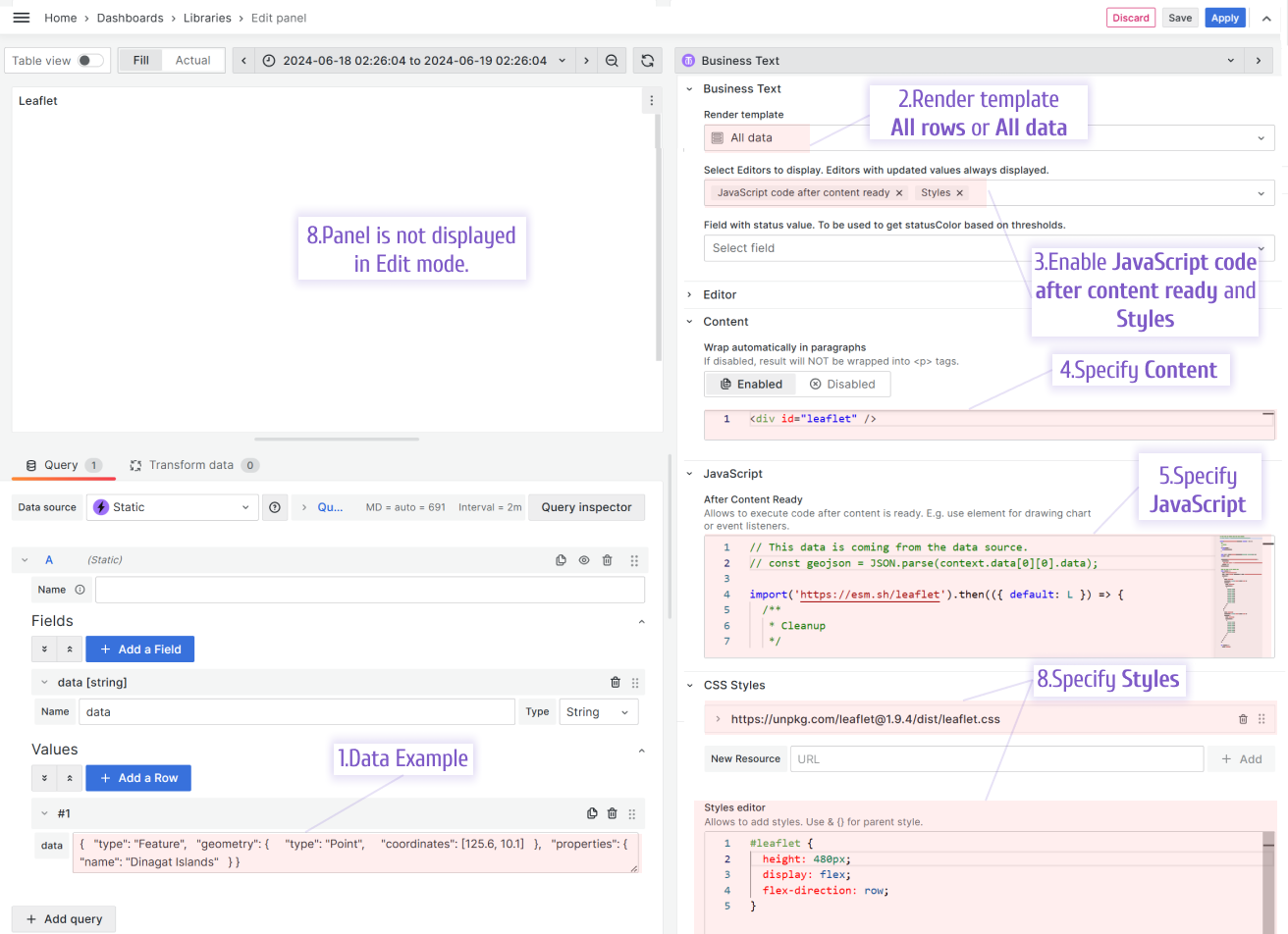 How to configure the Business Text plugin to display Leaflet.js maps.