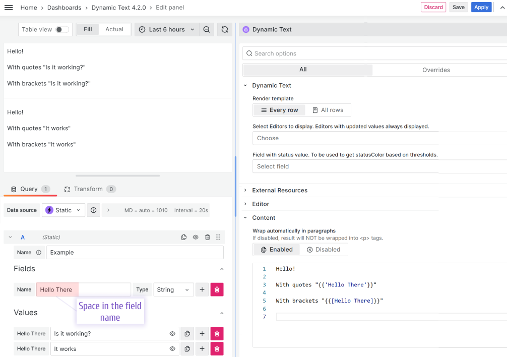 Display fields with spaces.