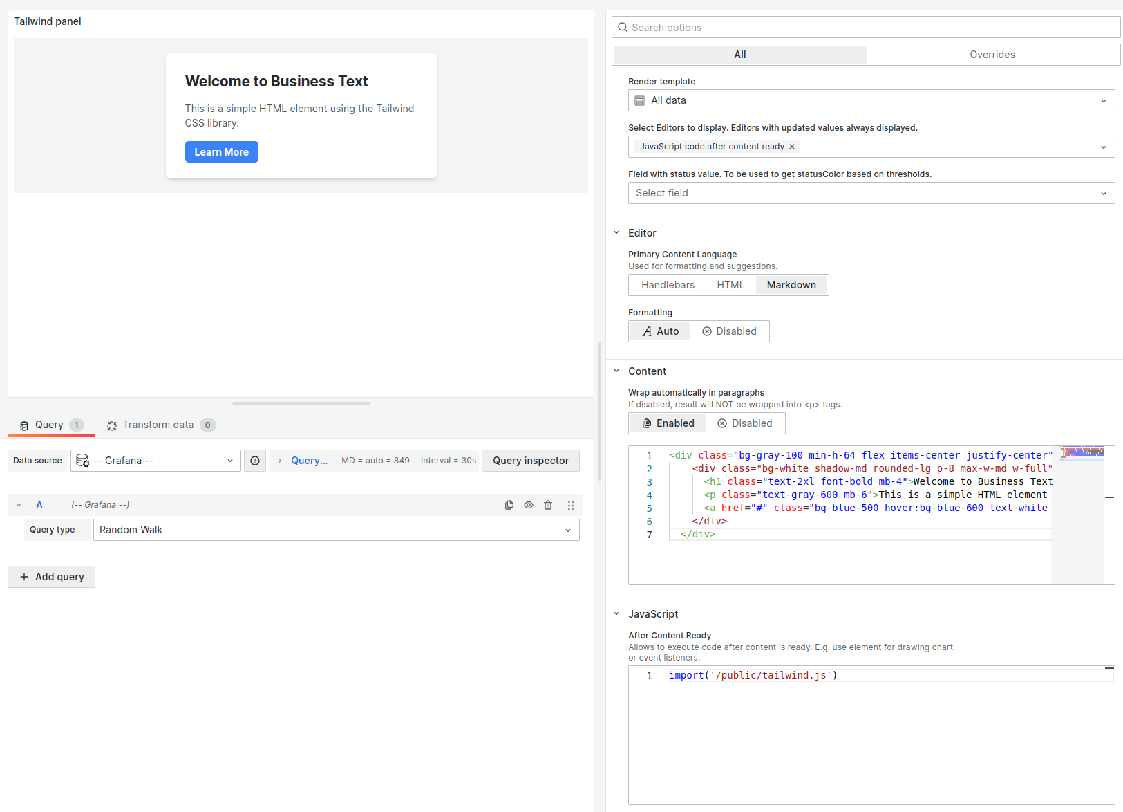 The Business Text panel with imported Tailwind CSS.