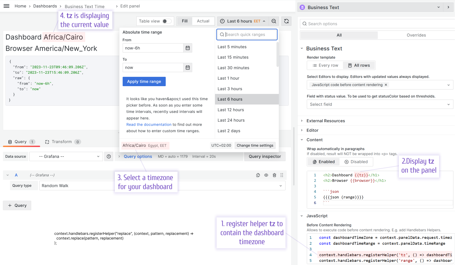 The Business Text panel allows displaying an updated time zone and time ranges in Grafana.