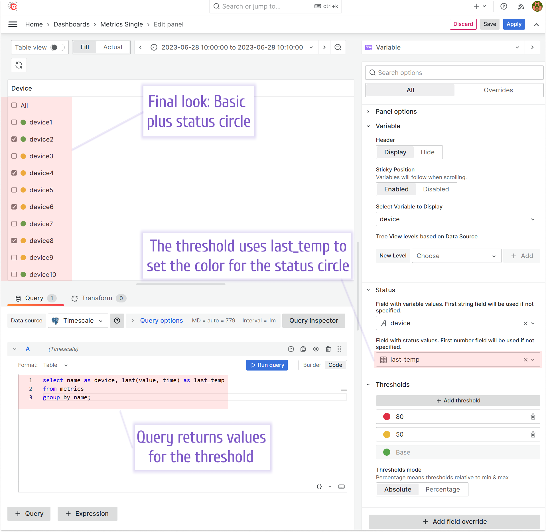 How to set up the Basic Variable panel view plus circle statuses.