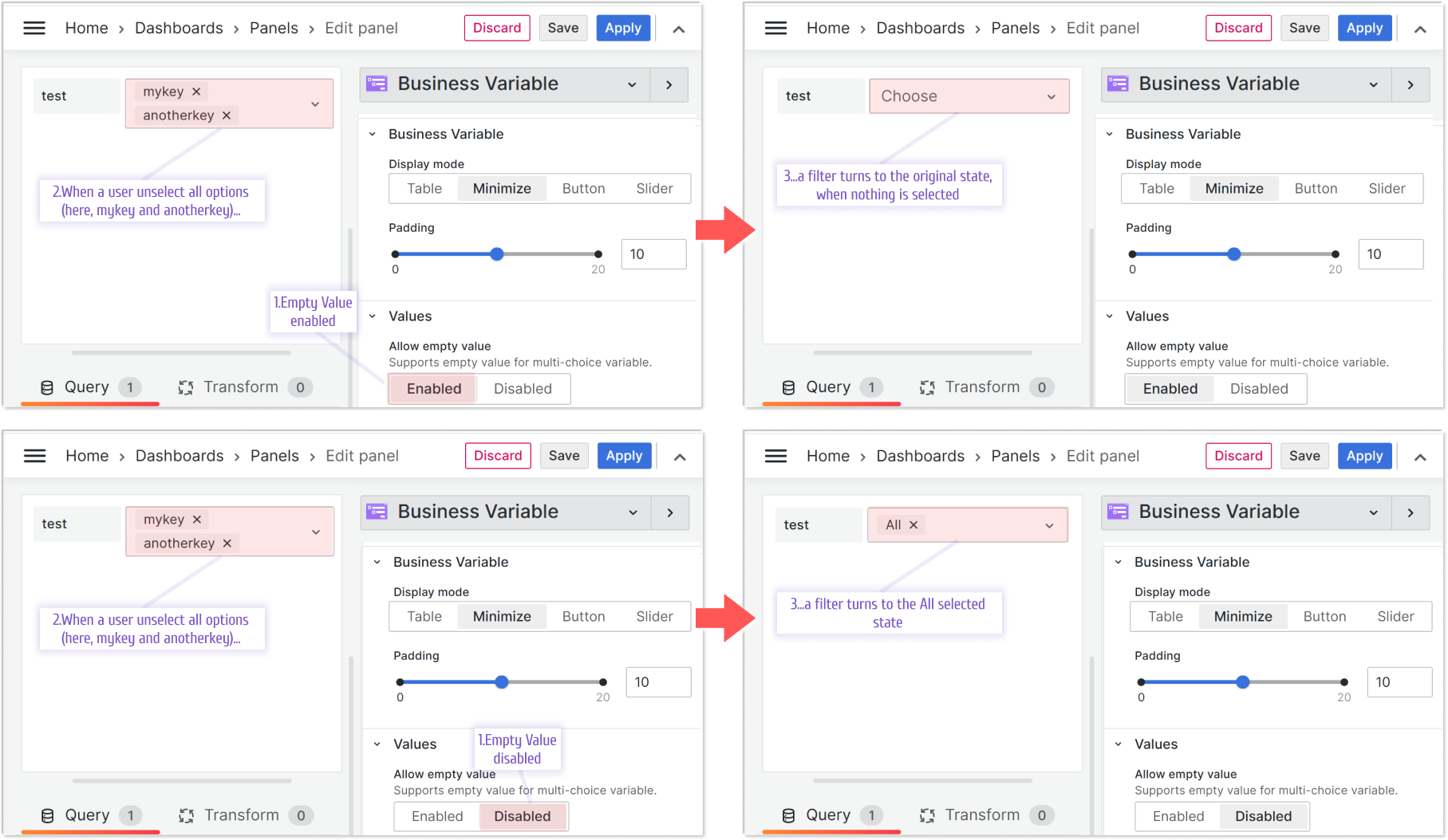 When Allow empty value is enabled, a user can unselect all variable values.