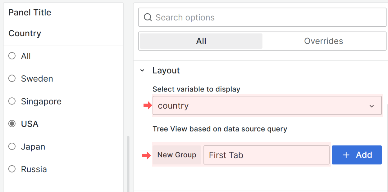 For the TreeView, at minimum, add one group/tab and specify one dashboard variable name.