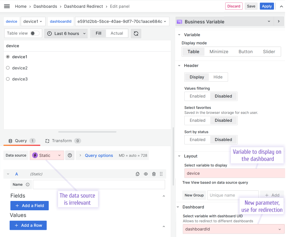 Select variable with dashboard UID: parameter to specify a dashboard unique identifier.