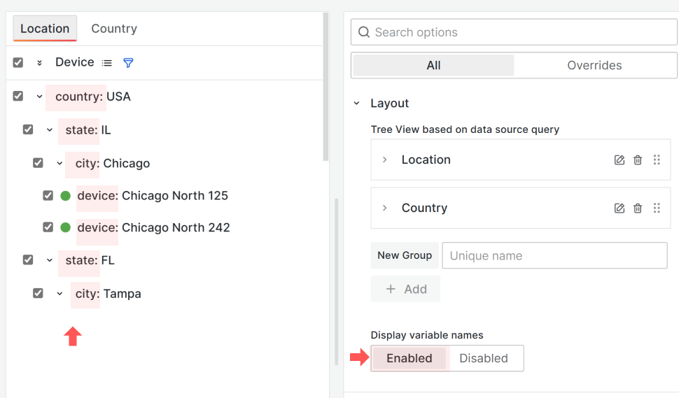 The variable names can be made visible by using the Display variable name parameter.