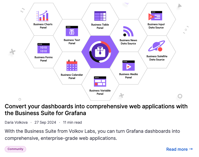 The Business Suite for Grafana is a collection of uniquely positioned plugins developed by Volkov Labs.