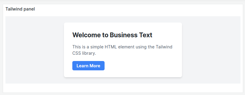 The Business Text panel with Tailwind styles on the dashboard.