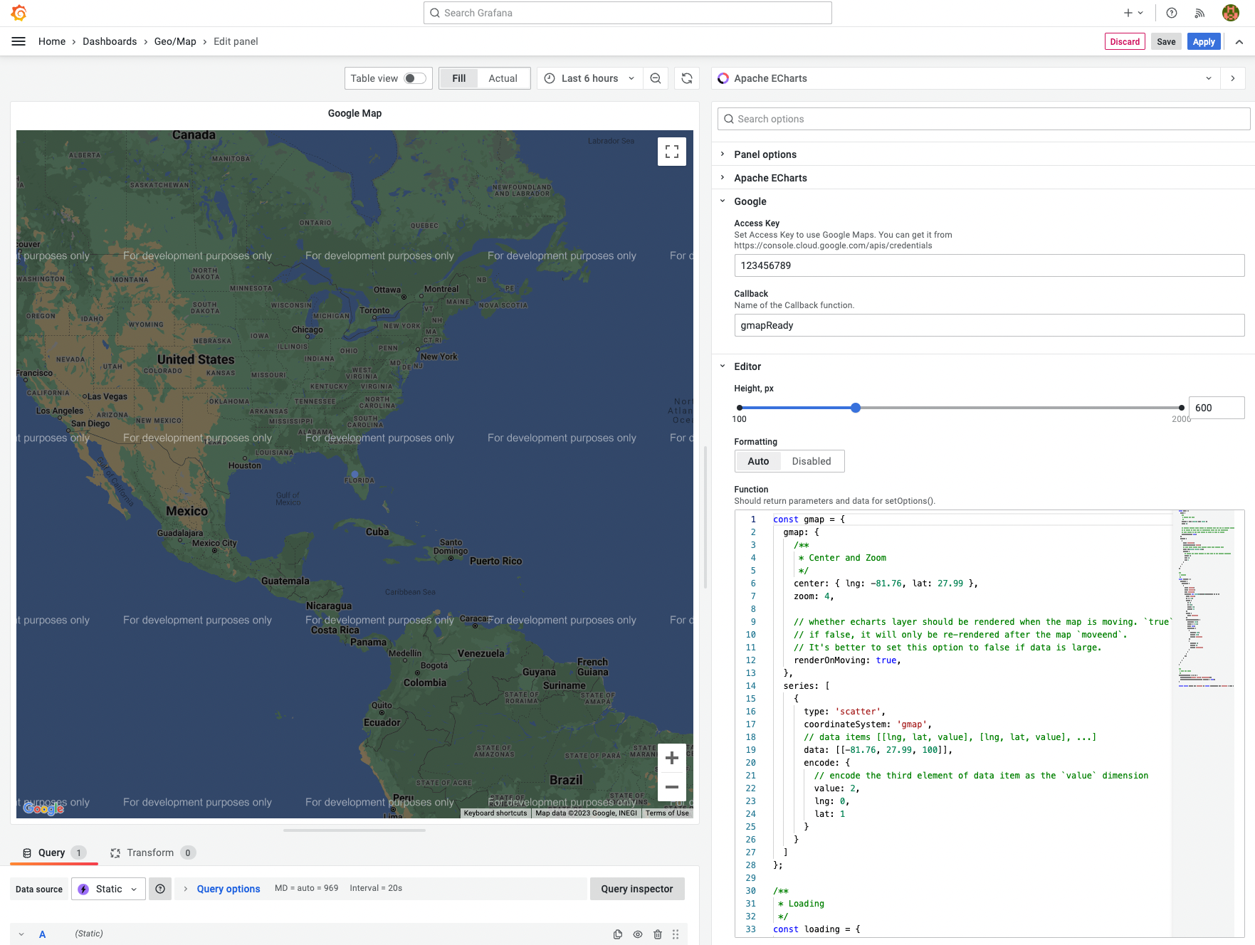 Google Maps is supported in the latest version of the Apache ECharts Panel.