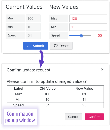 Confirmation step looks like a table with old and new values.