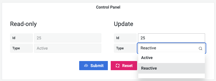 Control Panel created using the Data Manipulation panel.